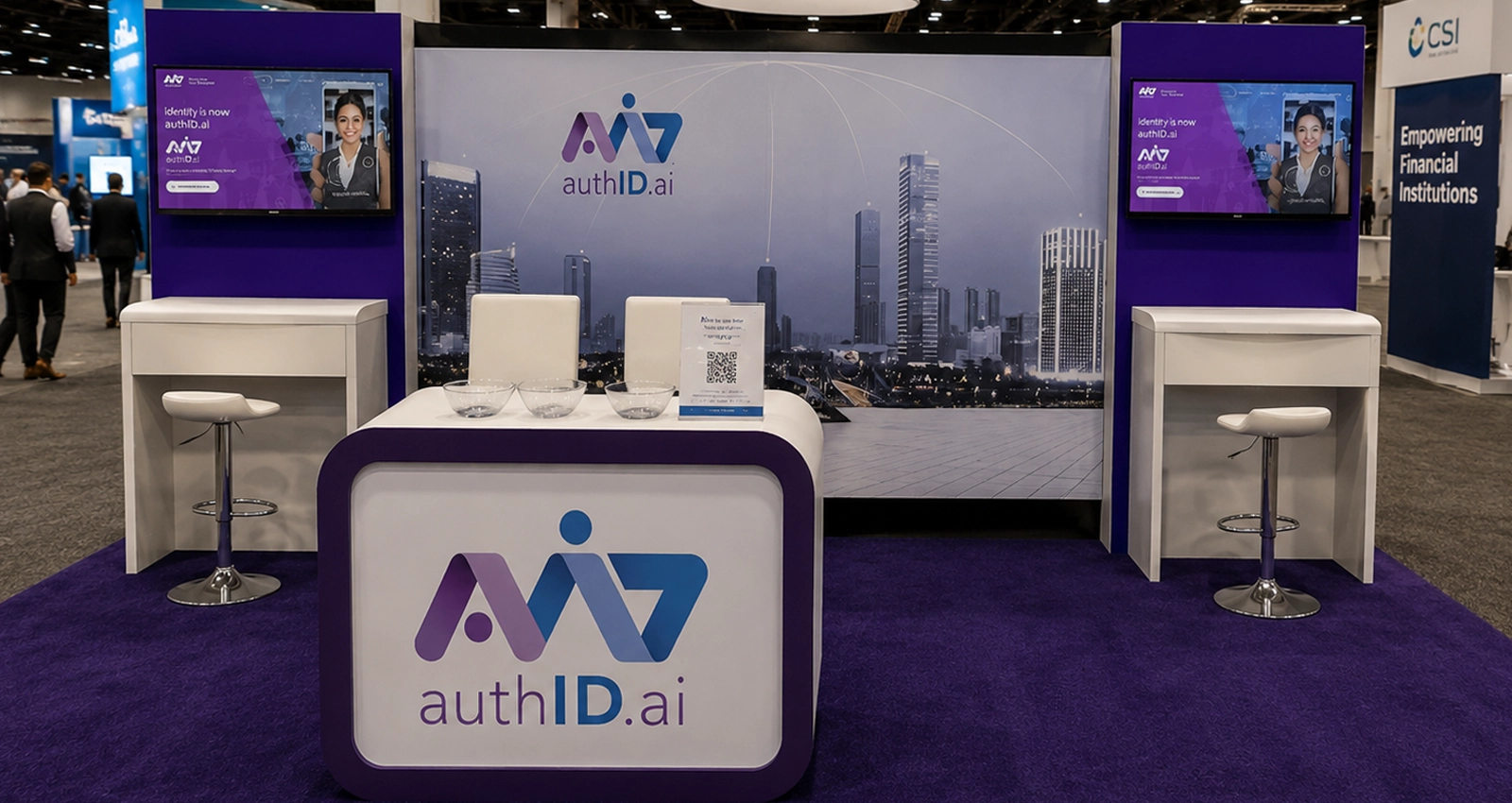20x10 LED meeting booth with branded counter, side display screens, seating, demo space and open visitor area