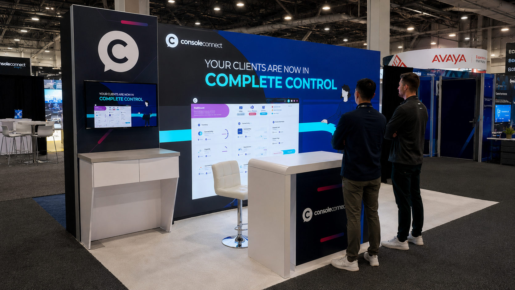 20x10 booth designs with modern inline LED feature wall, branded counter, demo space and visitors viewing the screen