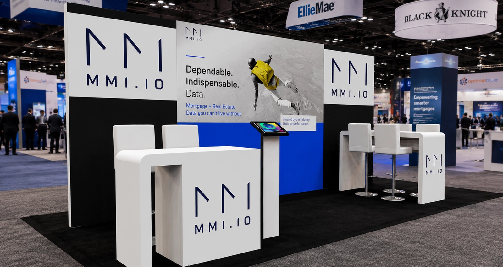 20x10 exhibits with LED video wall, branded side panels, reception counter, USB charging counter and open visitor space