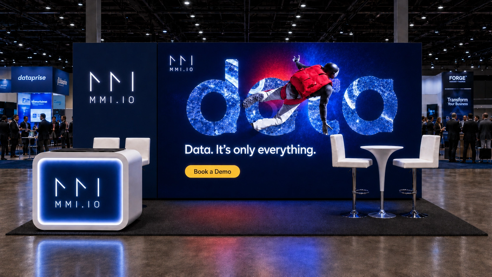 10x20 ultra-modern trade show booth with LED video wall, illuminated reception counter and high-top meeting area