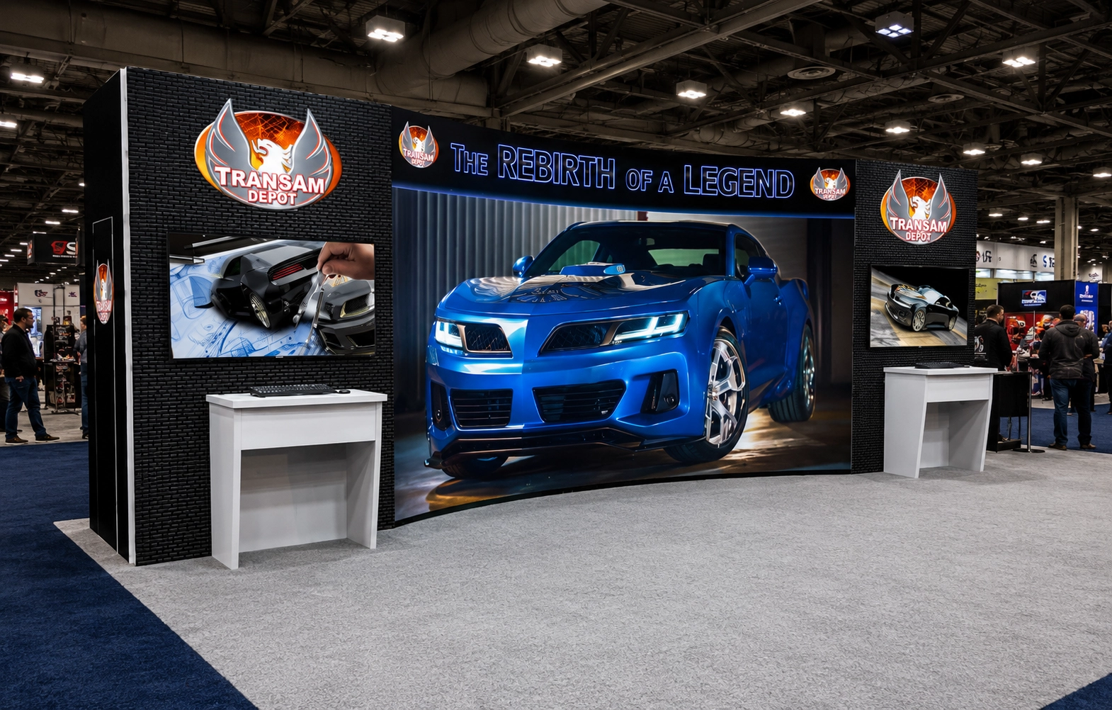 30x20 custom trade show booth with curved LED video wall, automotive display, branded structure, and product demonstration areas