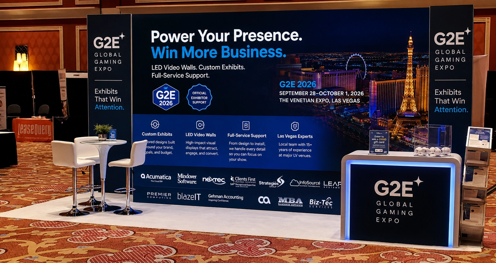 G2E 2026 booth rentals with LED video wall, gaming exhibit design, demo space, meeting areas, and Las Vegas show-floor support