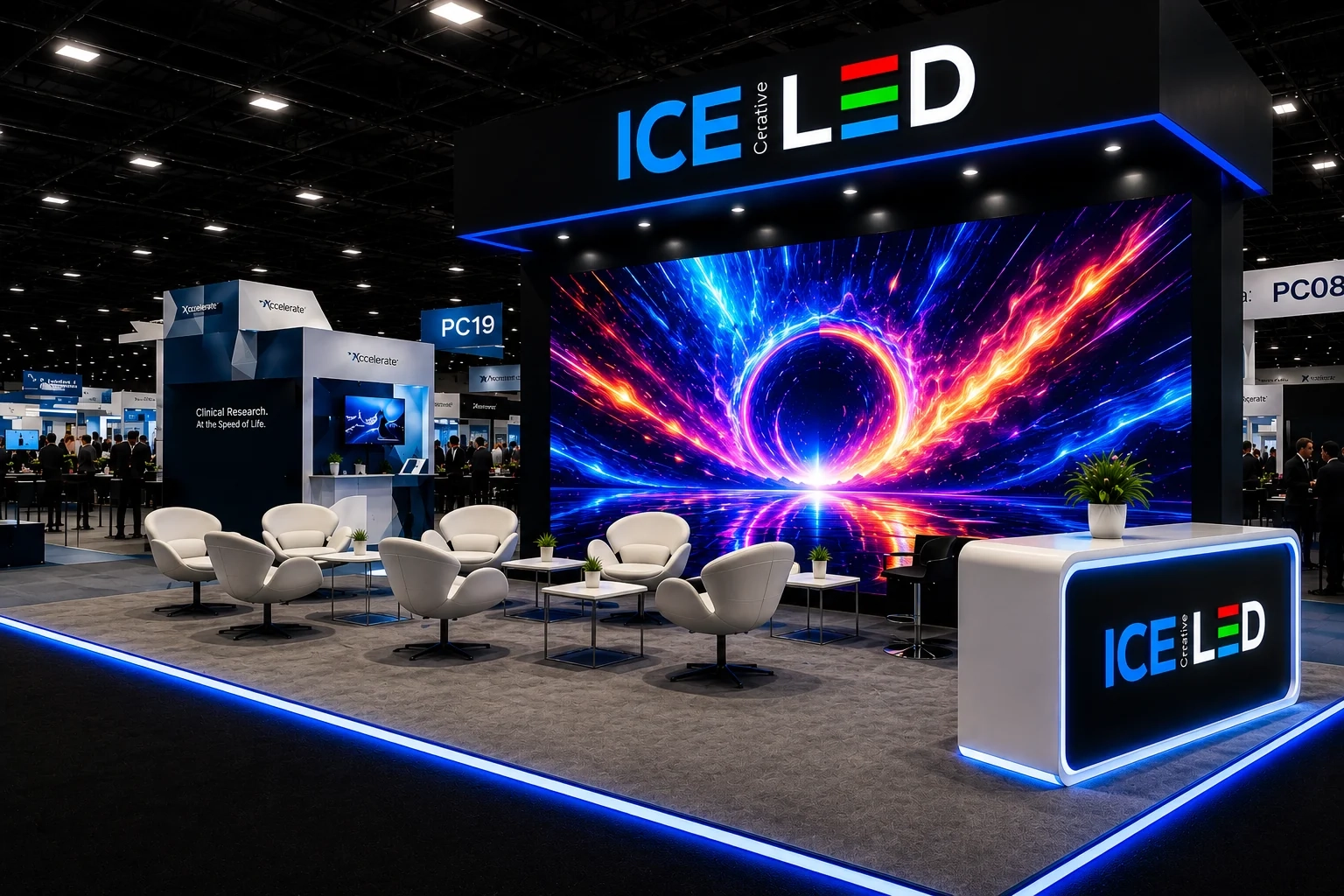 30x20 custom LED trade show exhibit with large video wall, branded structure, and open presentation area