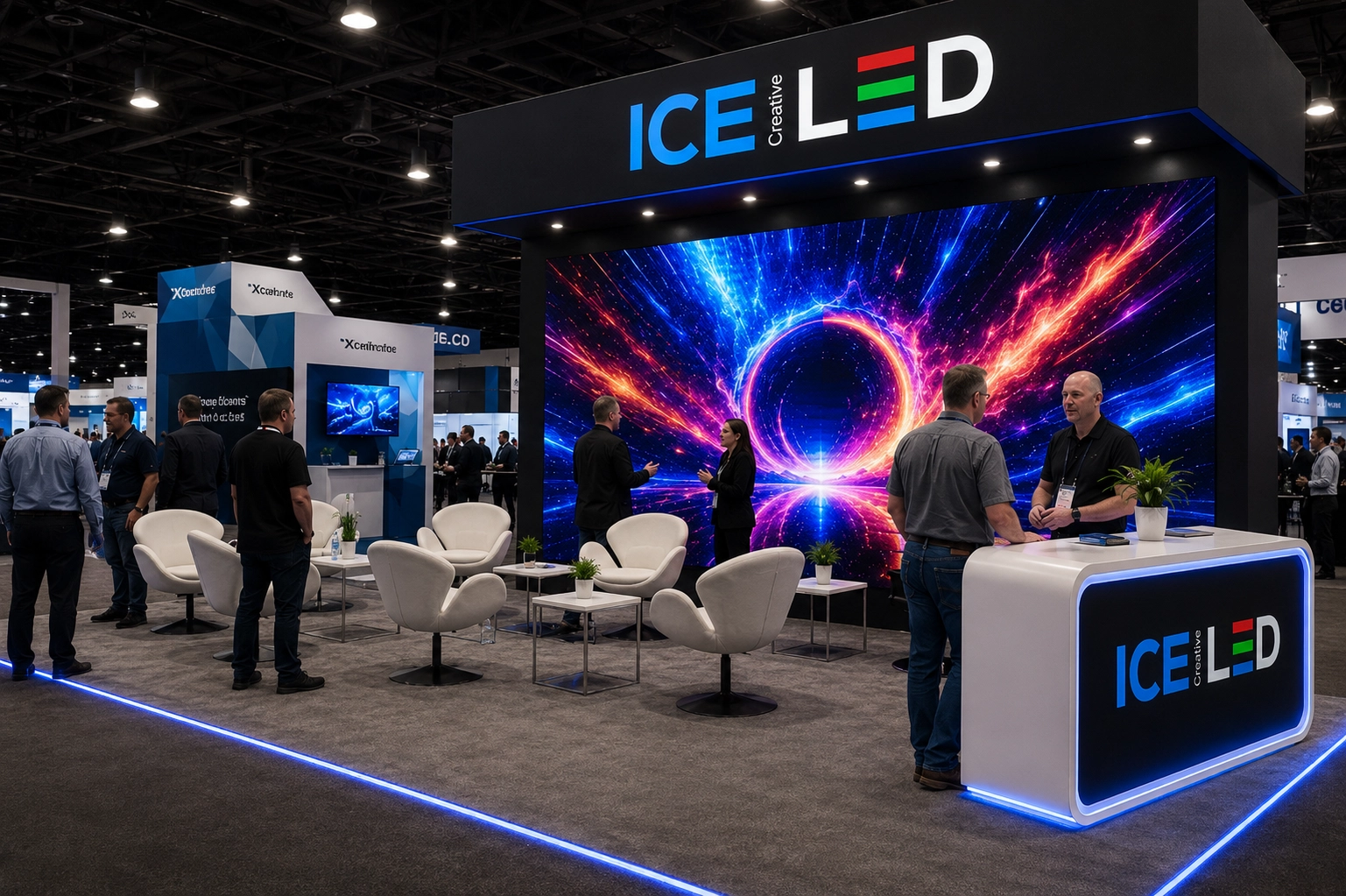 Exhibit designs for Las Vegas trade show booths with LED video walls by ICE Creative LED