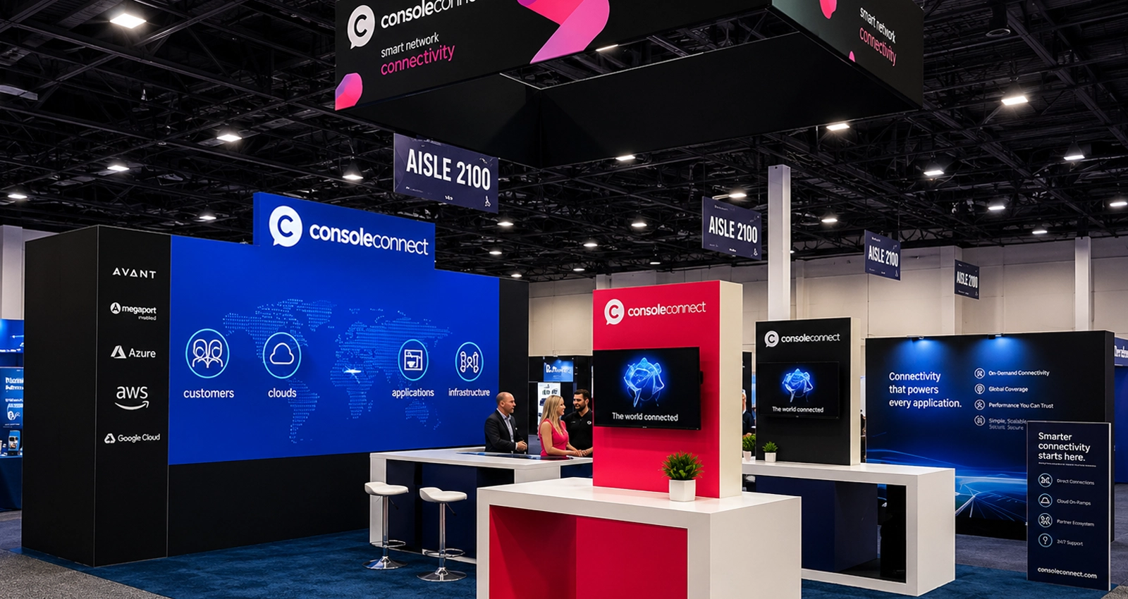 20x30 island exhibit with LED video wall, custom demo area, branded structure, and visitor engagement space