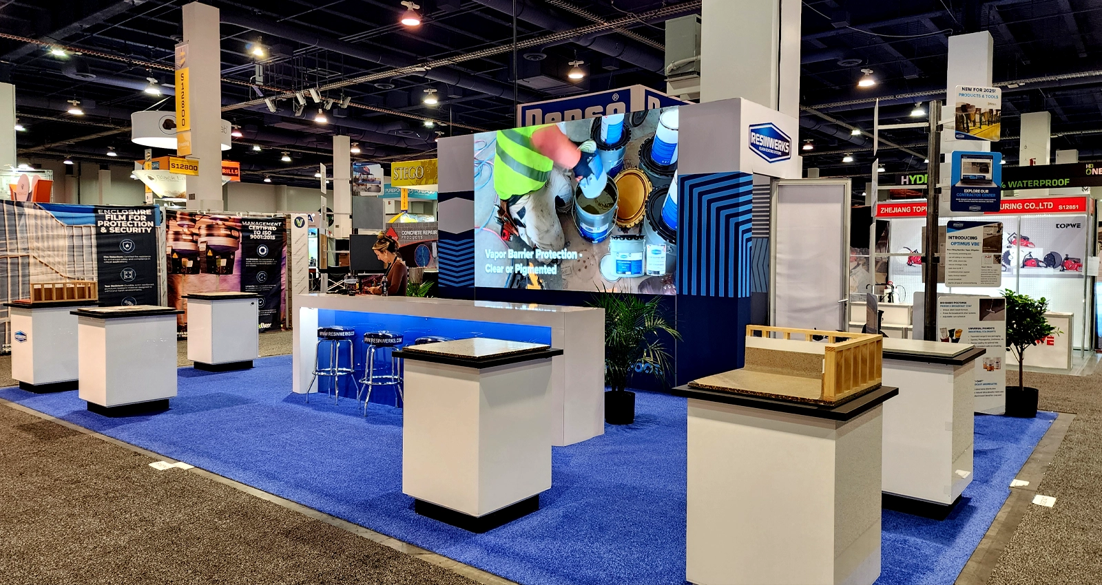 World of Concrete 2027 booth rentals with LED video wall setup, trade show exhibit build, and Las Vegas show-floor support